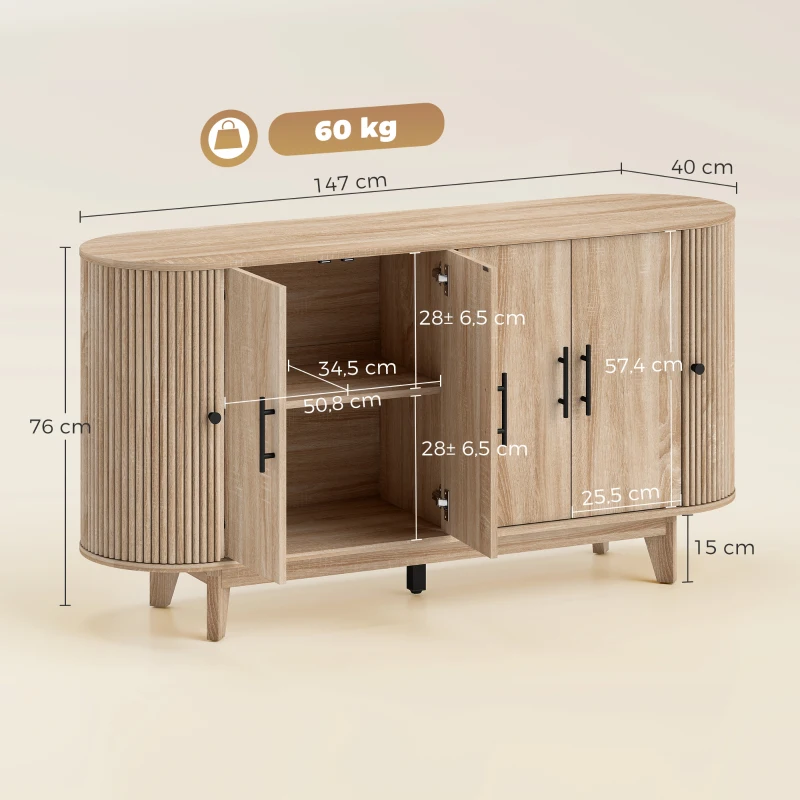 HOMCOM Buffet salon, meuble de rangement ovale avec 6 portes et 2 étagères réglables, 147x40x76cm, chêne