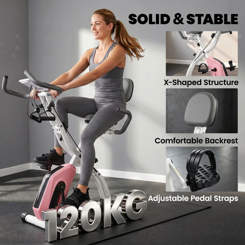 SPORTNOW 4-In-1 Folding Exercise Bike with Resistance Bands, Bluetooth App, 8-Level Magnetic Resistance, LCD Display, Pink
