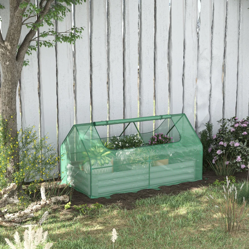Outsunny Raised Garden Bed with Greenhouse, Steel Planter Box with Plastic Cover, Roll Up Window, Dual Use for Flowers, Vegetables, Fruits and Herbs, 185L x 95W x 92H cm, Green