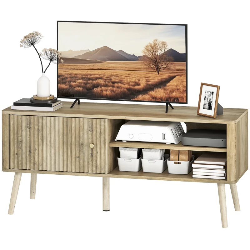 HOMCOM Mesa de TV con Puerta Estante Ajustable Compartimentos Abiertos y Orificio para Televisión hasta 55 Pulgadas Roble