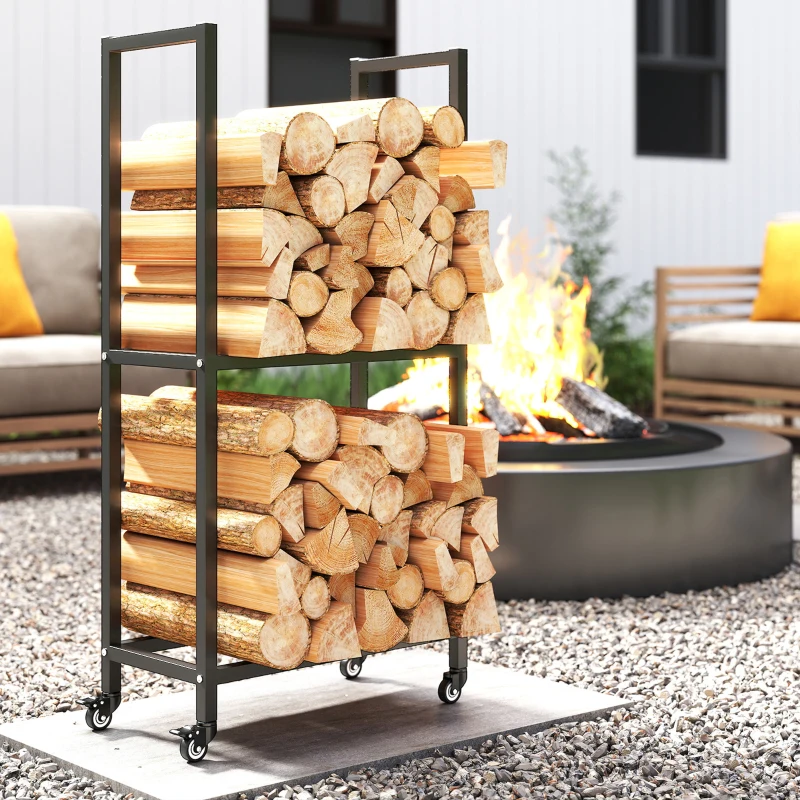Outsunny Suport pentru Lemne de Foc, de Interior și Exterior, pe Două Niveluri, cu Roți, din Oțel Reforțat, 60x30x119 cm, Negru