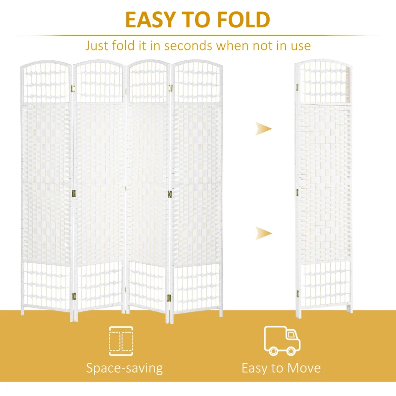 HOMCOM 4 Panel Folding Room Divider, Privacy Screen, Paravent Partition Separator for Living Room, Bedroom, White