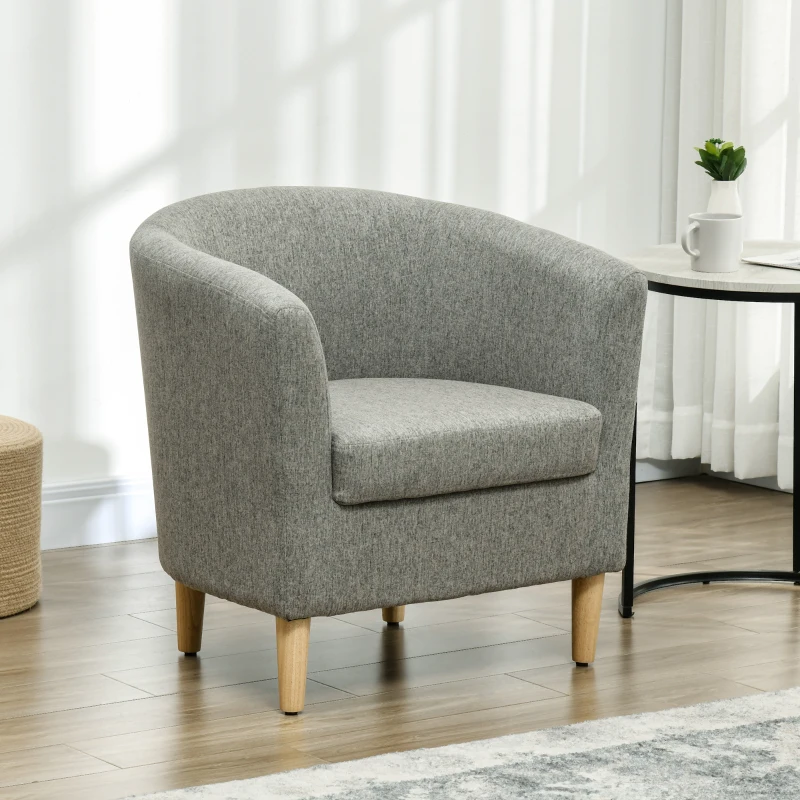 HOMCOM Fotoliu Modern tip Scoică din Material Textil cu Aspect de In și Picioare din Lemn, 74x63x73cm, Gri