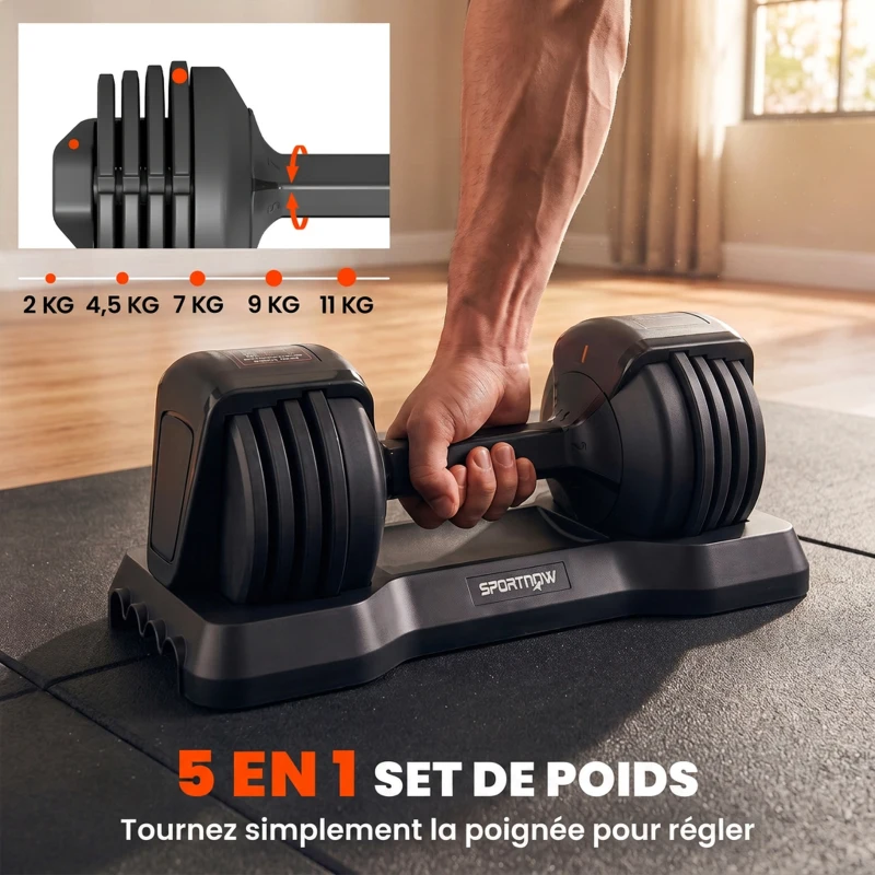 SPORTNOW Haltères Réglables Rapide 5 Niveaux, 2 x 11 kg, Verrou de Sécurité, Poignée Antidérapante, Bases de Rangement, Noir