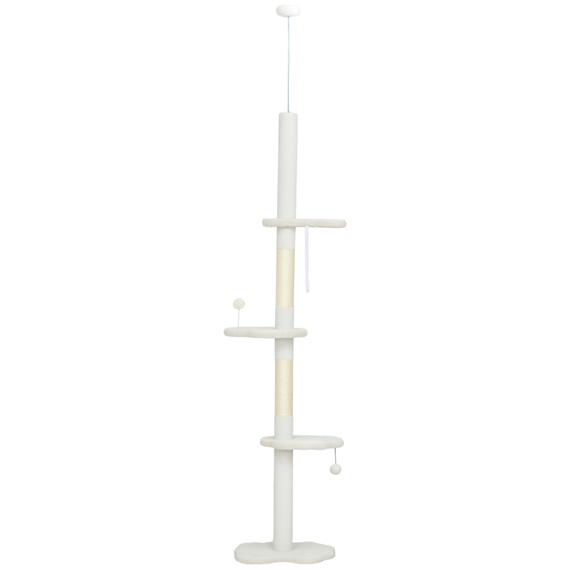 PawHut 225-255 cm Adjustable Cat Climbing Tower with Sisal Scratching Posts, 2 Hanging Play Balls and Anti-Tip Strap, Beige