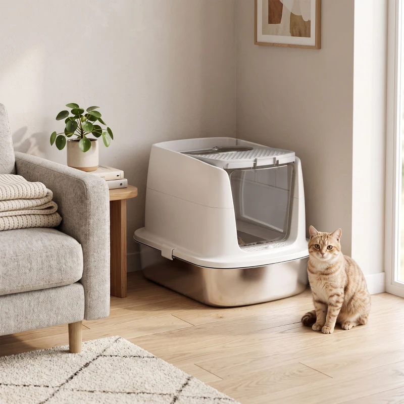 PawHut Lettiera per Gatti Chiusa a 2 Ingressi con Deodorante e Paletta, 52.4x41.3x39.8 cm, Bianco