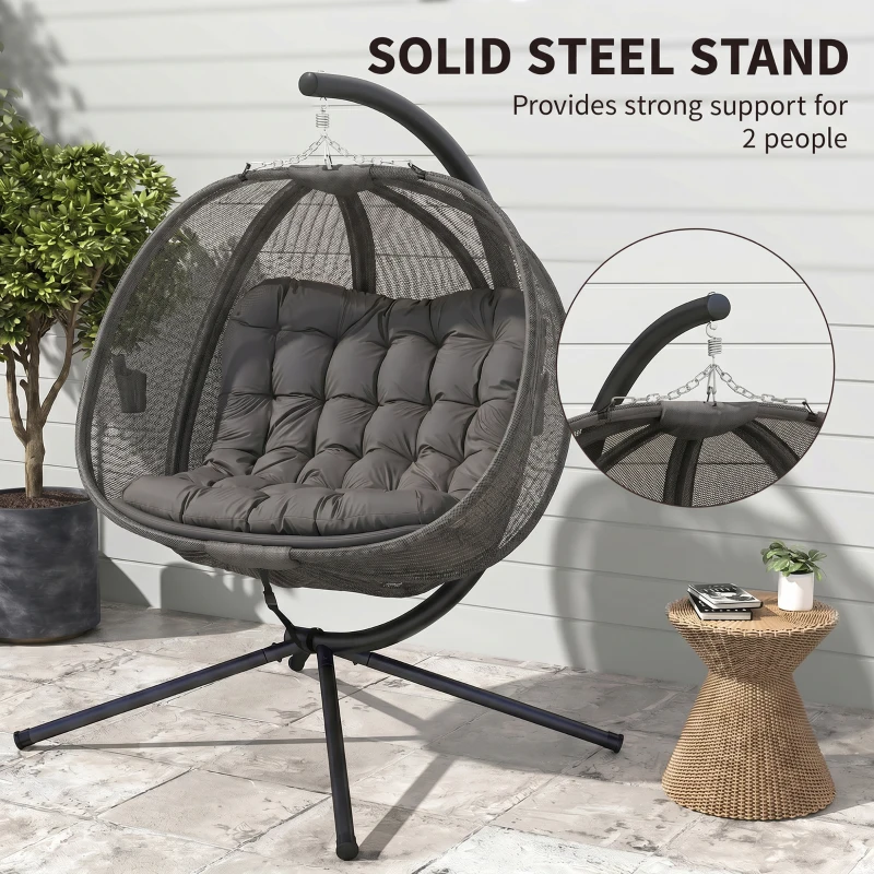Outsunny Double Hanging Egg Chair 2 Seaters Texteline Swing Hammock Chair with Stand, Cushion and Folding Design, for Indoor and Outdoor, Grey