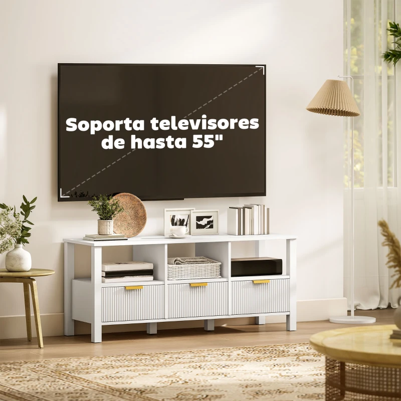 HOMCOM Mueble de TV Moderno con 3 Cajones y 3 Estantes Abiertos para Televisión 43-55 Pulgadas 120x39,5x50 cm Blanco