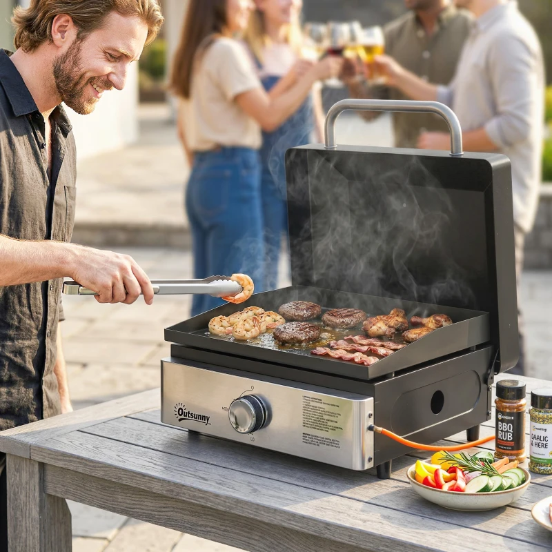 Outsunny Grill Griddle, Portable Gas Plancha, 3.5 kW, Tabletop Gas BBQ with Grease Cup for Camping Picnic Patios, Black