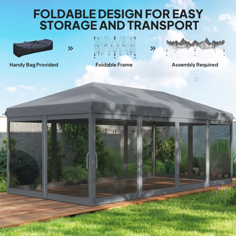 Outsunny 6 x 3m Pop Up Gazebo - Outdoor Canopy Shelter, Marquee Party Wedding Tent with 6 Mesh Walls and Carry Bag, Grey