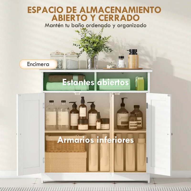 HOMCOM Armario de Baño Estrecho con 3 Puertas 2 Compartimentos Abiertos Estante Ajustable 85x30x85 cm Blanco
