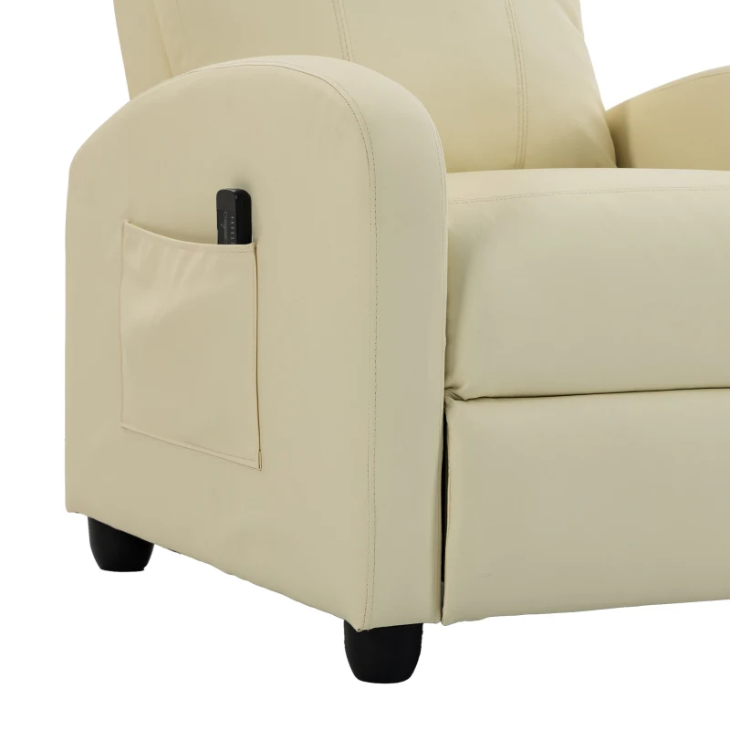 HOMCOM Recliner Armchair, Massage Faux Leather Push Back Reclining Chair with Adjustable Leg Rest, Side Pocket, Cream White