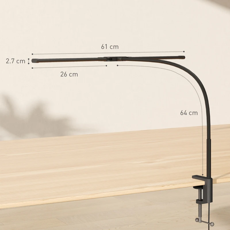 HOMCOM LED Desk Lamp with Clamp, Double Head Table Lamp with 3 Colour Modes & 10 Brightness Levels, Flexible Gooseneck Reading Desk Light with Timer and Memory Function for Study, Office, Work, Black