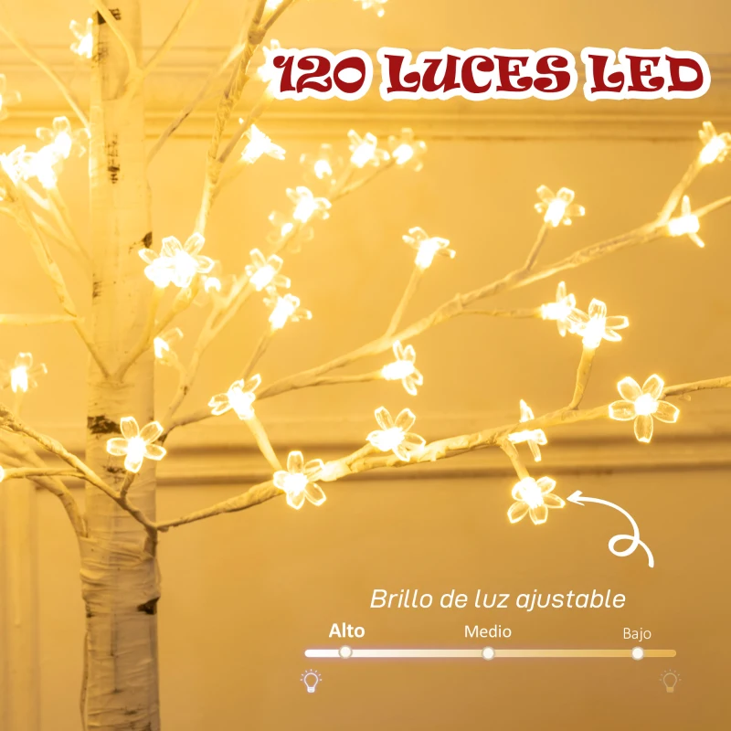 HOMCOM Árbol de Cerezo Artificial con 120 Luces LED Brillo Ajustable Decoración para Interiores 21x21x150 cm Blanco
