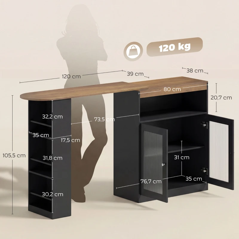HOMCOM Mesa de Bar Extensible y Giratoria 90° con Estantes Abiertos y 2 Puertas de Vidrio 150x80x105,5 cm Negro y Natural