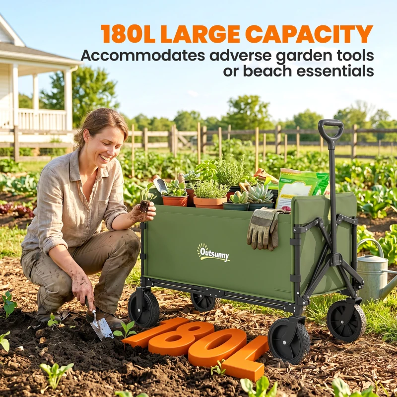 Outsunny 180L Festival Trolley on Wheels, Folding Compact Camping Trolley Cart with Adjustable Handle, 120 KG Capacity for Garden, Beach, Fishing, Green