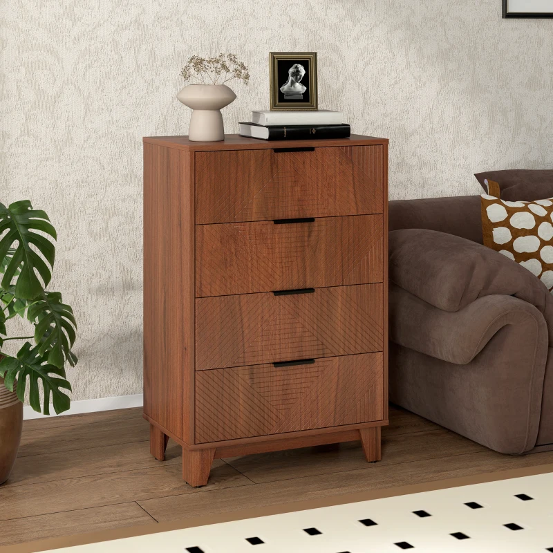 HOMCOM Commode 4 tiroirs meuble de rangement vintage avec poignées en métal, 60 x 36 x 90 cm, effet bois marron