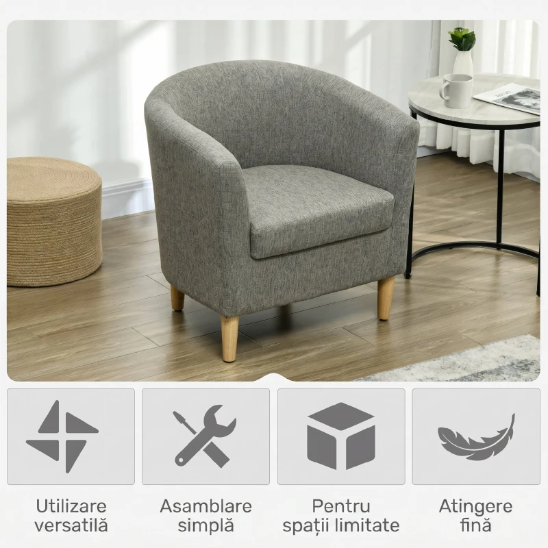 HOMCOM Fotoliu Modern tip Scoică din Material Textil cu Aspect de In și Picioare din Lemn, 74x63x73cm, Gri