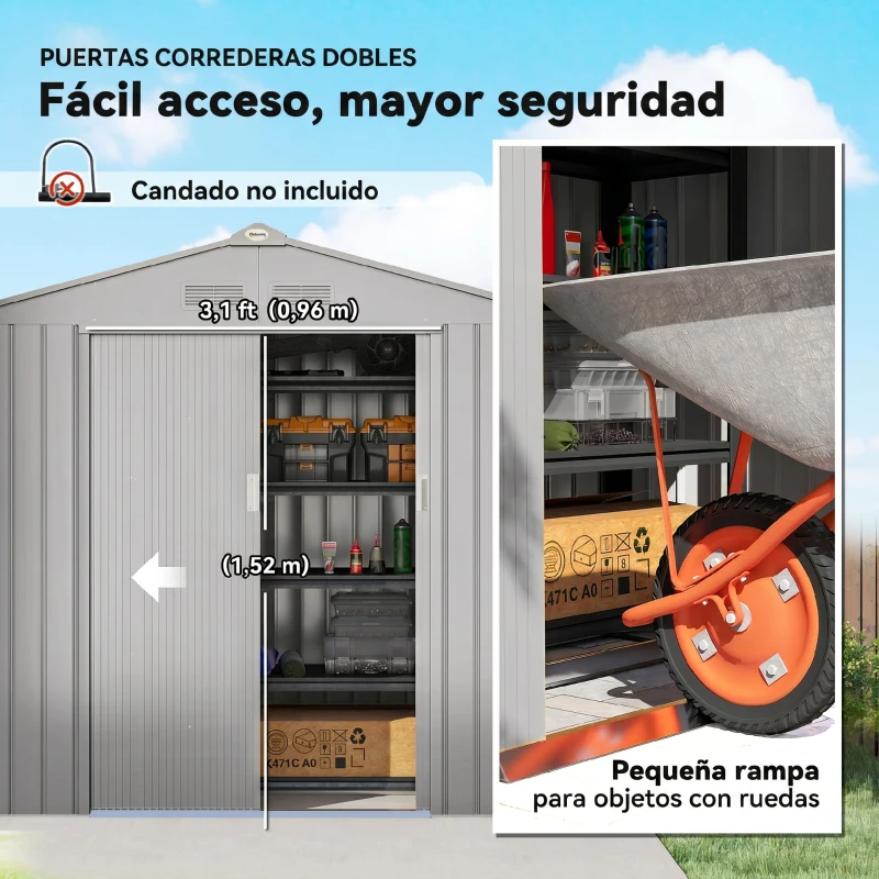 Outsunny Cobertizo de Jardín 2,5 m² para Herramientas con Kit de Cimentación y Puerta para Candado de Acero Gris