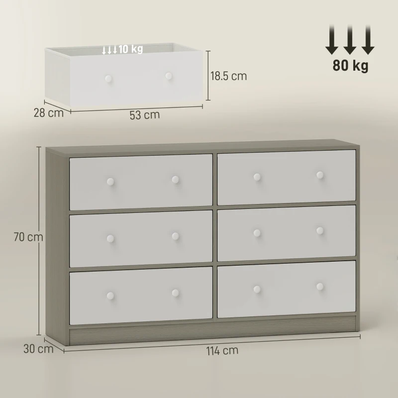HOMCOM Comodă cu 6 sertare pliabile cu mânere duble, din lemn, oțel și material textil, 114x30x70 cm, alb și gri