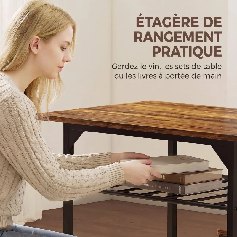 HOMCOM Ensemble table salle à manger avec 2 chaises, table de cuisine avec chaises pour 2 personnes, cadre en métal, marron