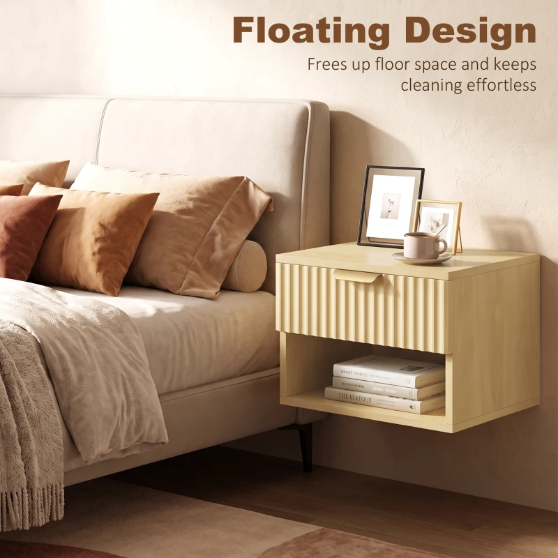 HOMCOM Floating Nightstands Set of 2, Modern Wall-Mounted Bedside Tables with Fluted Drawer and Open Shelf for Bedroom, Oak