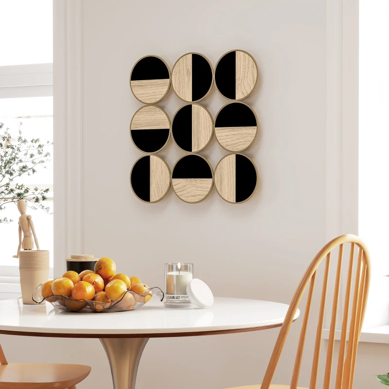 HOMCOM Cuadro Decorativo de Pared Geométrico Adorno Moderno 3D de 60x60 cm con Espejo de Plástico Negro y Madera Natural