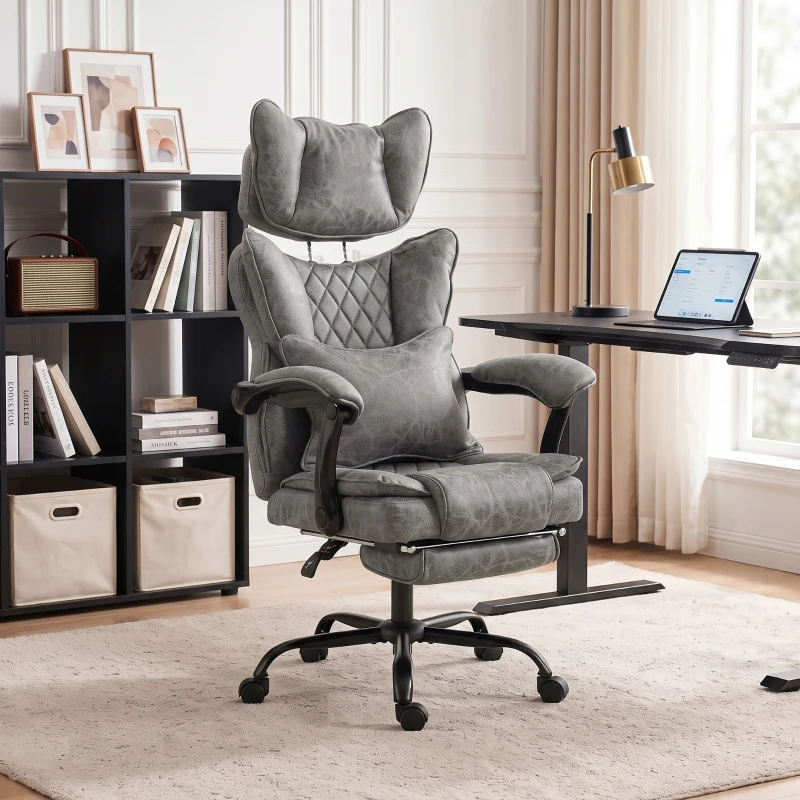 HOMCOM Executive Office Chair, Leathaire Big and Tall Office Chair 180 kg with Wide Seat, Reclining, Lumbar Support, Grey