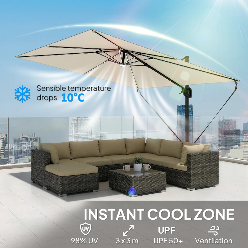 Outsunny 3 x 3 m Garden Cantilever Parasol w/ Light, Cover, UPF50+ Patio Umbrella w/ Wind Protection, 360° Rotation, Cream White