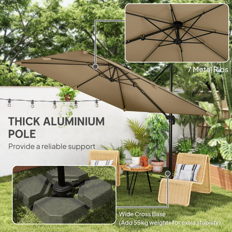 Outsunny 3 x 3 m Cantilever Parasol, Square Patio Umbrella with Crank Handle, Cross Base, Tilt, 360° Rotation, Khaki