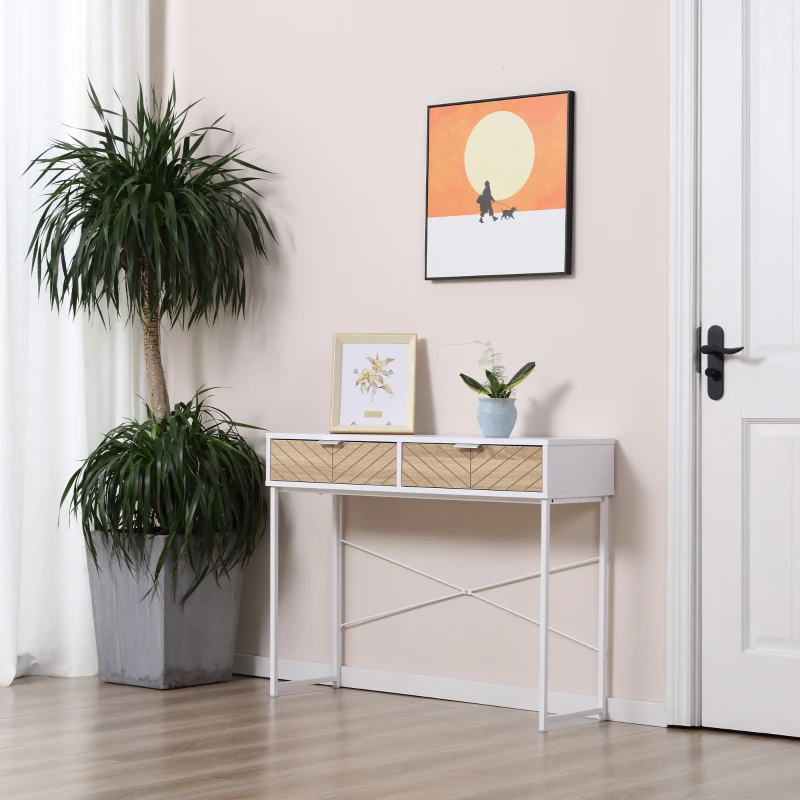 HOMCOM Mesa de Consola Estrecha con 2 Cajones Diseño de Líneas Talladas Estilo Moderna Blanco y Roble