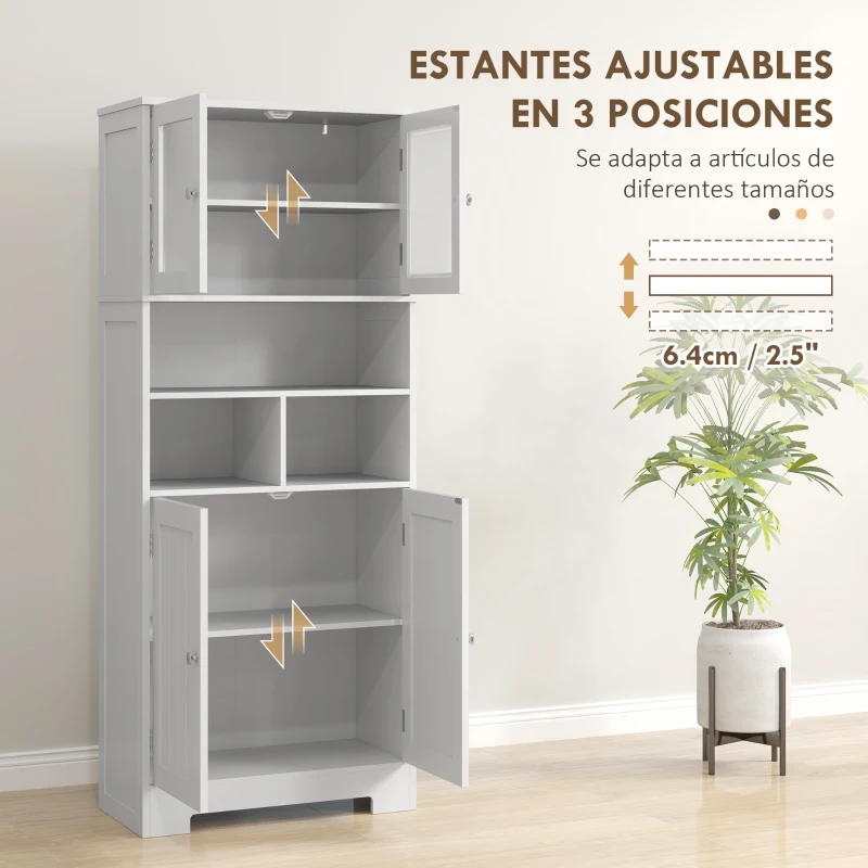 HOMCOM Alacena Alta con Armarios y Estantes Abiertos Puertas de Cristal Estantes Ajustables y Sistema Antivuelco 60x30x145,5 cm
