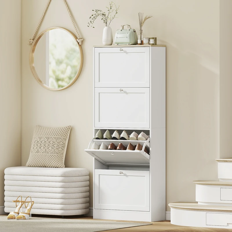 HOMCOM Meuble à chaussures 24 paires, armoire à chaussures avec 4 tiroirs rabattables, étagères réglables, 60x23,5x153cm, blanc