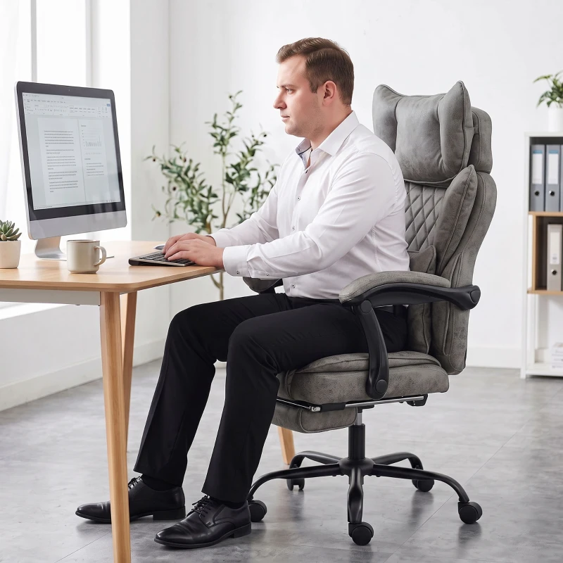 HOMCOM Executive Office Chair, Leathaire Big and Tall Office Chair 180 kg with Wide Seat, Reclining, Lumbar Support, Grey