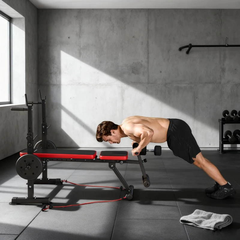 SPORTNOW Banco de Musculación Multifuncional con Soporte para Barra Ajustable y Respaldo Regulable para Casa Gimnasio