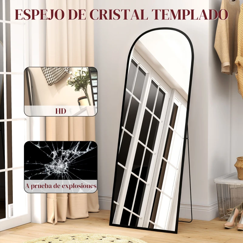 HOMCOM Espejo de Pie Cuerpo Entero de Aleación de Aluminio Espejo de Pared con 2 Formas de Uso Arqueado 60x1,5x165 cm Negro