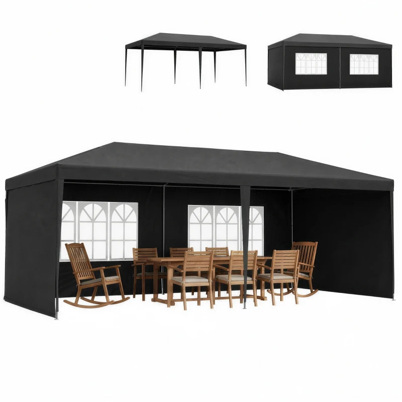 Outsunny 6 x 3 m Party Tent Gazebo - Outdoor Patio Canopy Shelter with Windows and Side Panels, Dark Grey