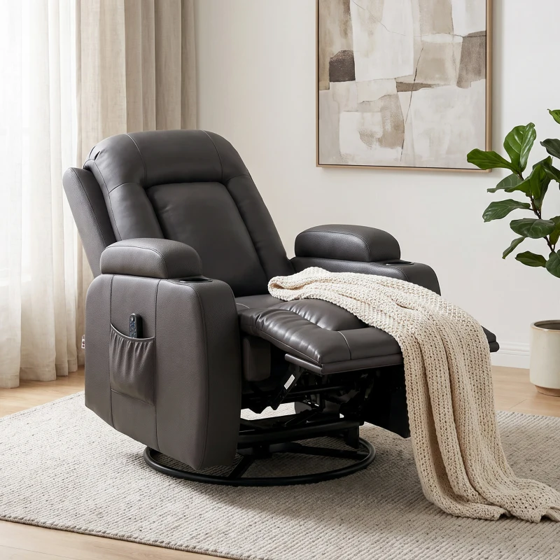 HOMCOM PU Leather Recliner Chair, Recliner Armchair with Extended Footrest, Cup Holders and Side Pockets, Dark Brown