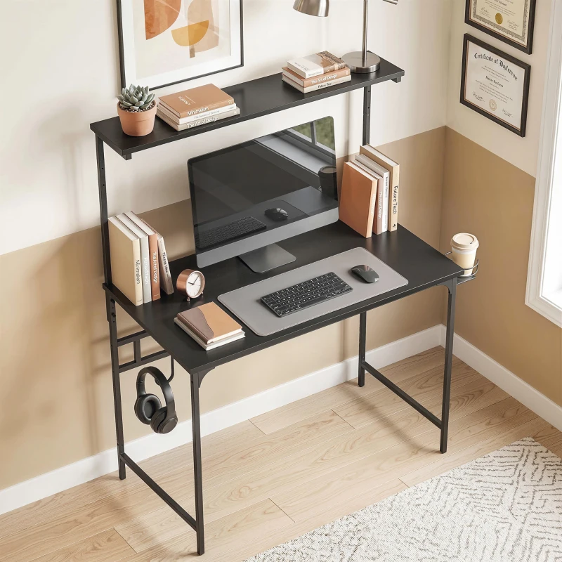 HOMCOM Computer Desk, 80cm Home Office Study Table with Hutch Shelf, Cup Holder, Headphone Hook, Black