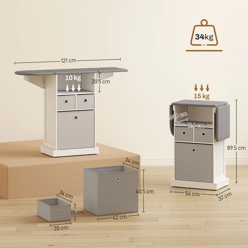 HOMCOM Mobilier pliabil pentru călcat pe roți, cu raft deschis și 3 sertare, 121x37x89,5 cm, alb și gri