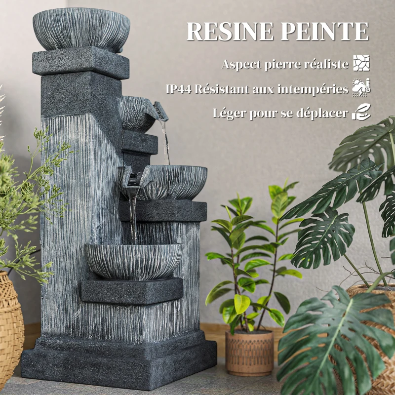 Outsunny Fontaine de Jardin Cascade Fontaine d'eau 4 niveaux avec lumières LED, résine, 38 x 36 x 85 cm, gris