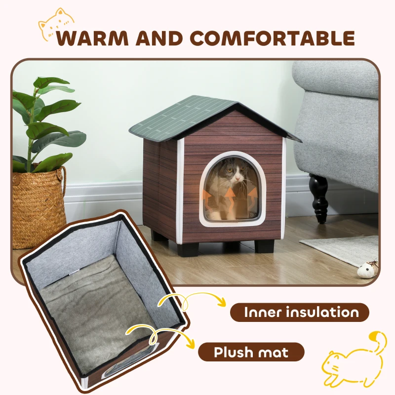 PawHut Insulated Outdoor Cat House, Water-Resistant Feral Cat Shelter with Elevated Base and Cushion, Red-brown