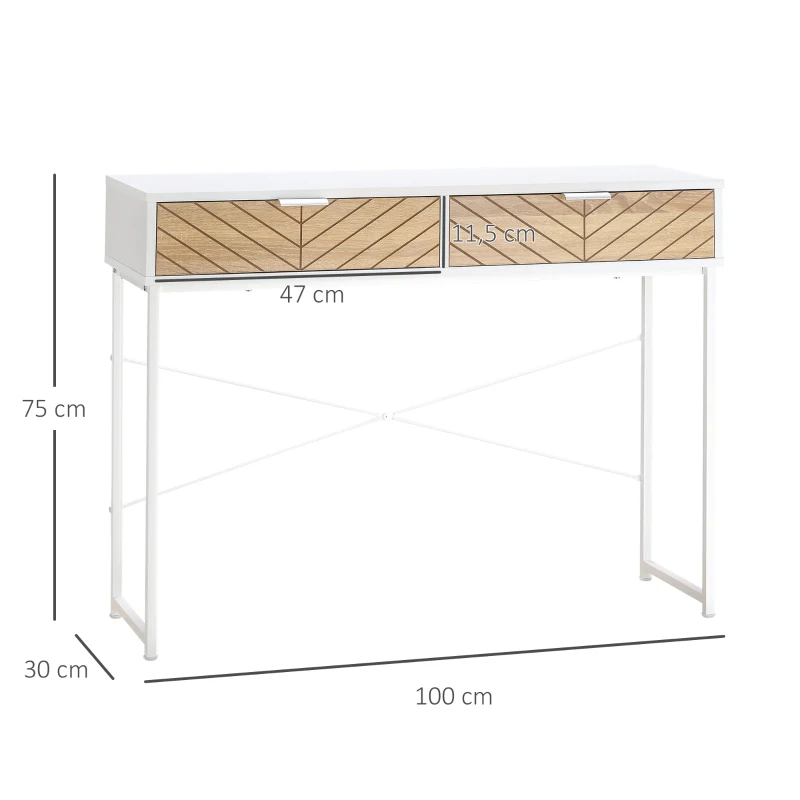HOMCOM Mesa de Consola Estrecha con 2 Cajones Diseño de Líneas Talladas Estilo Moderna Blanco y Roble