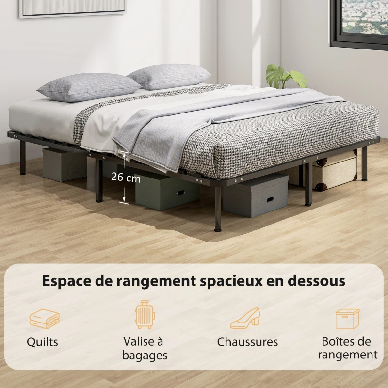 HOMCOM Cadre de lit 160 x 190 cm, lit 2 personnes en bois massif avec sommier à lattes et pied, rangement au-dessous, noir