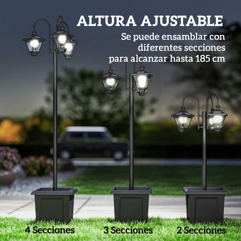 Outsunny Farola Solar Exterior de Jardín con Macetero 3 Cabezales Impermeable Encendido/Apagado Automático y Altura Ajustable