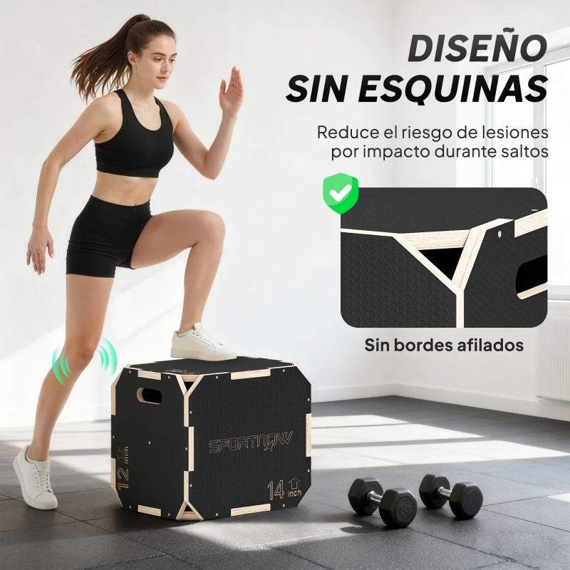 SPORTNOW Cajón Pliométrico de Madera 3 en 1 con 3 Alturas Diferentes Asas sin Esquinas Entrenamiento de Salto 41x36x31 cm Negro