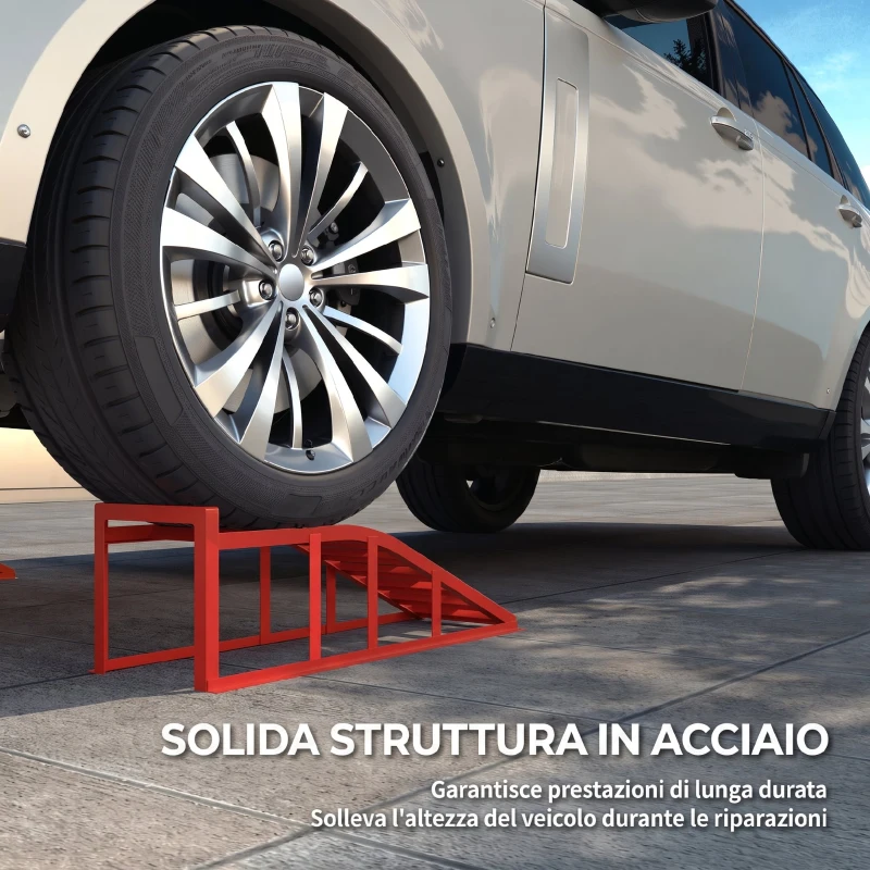 HOMCOM Set di 2 Rampe per Auto in Acciaio, Antiscivolo, per Manutenzione e Riparazione Veicoli, Ideali per Garage, Casa, Officina, Rosso
