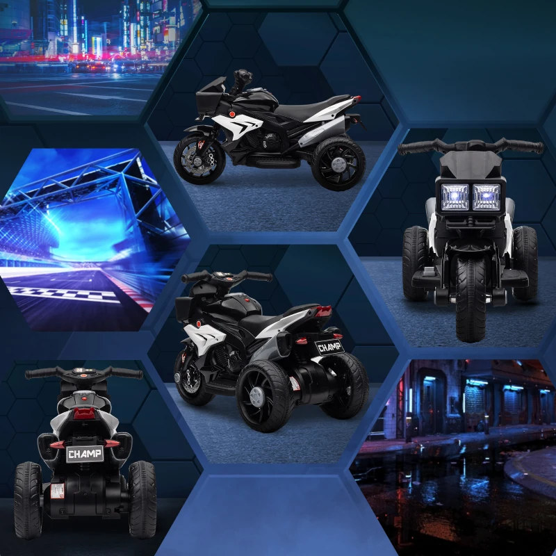 HOMCOM Motocicletă Electrică pentru Copii 3-5 Ani, max. 25 kg, 3 Roți, Lumini și Sunete, Baterie 6V, Negru, 86x42x52 cm