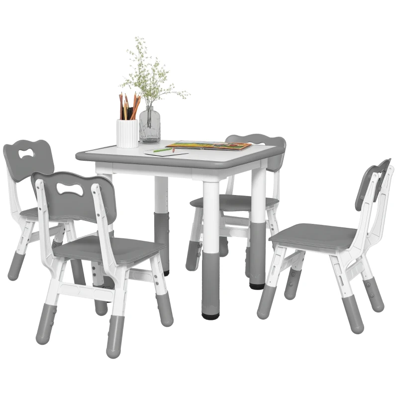 AIYAPLAY Set Masă și Scaune pentru Copii, 5 piese cu 4 Scaune Reglabile 32x36x52.5-56 cm și Masă 60x60x46-58 cm, Gri