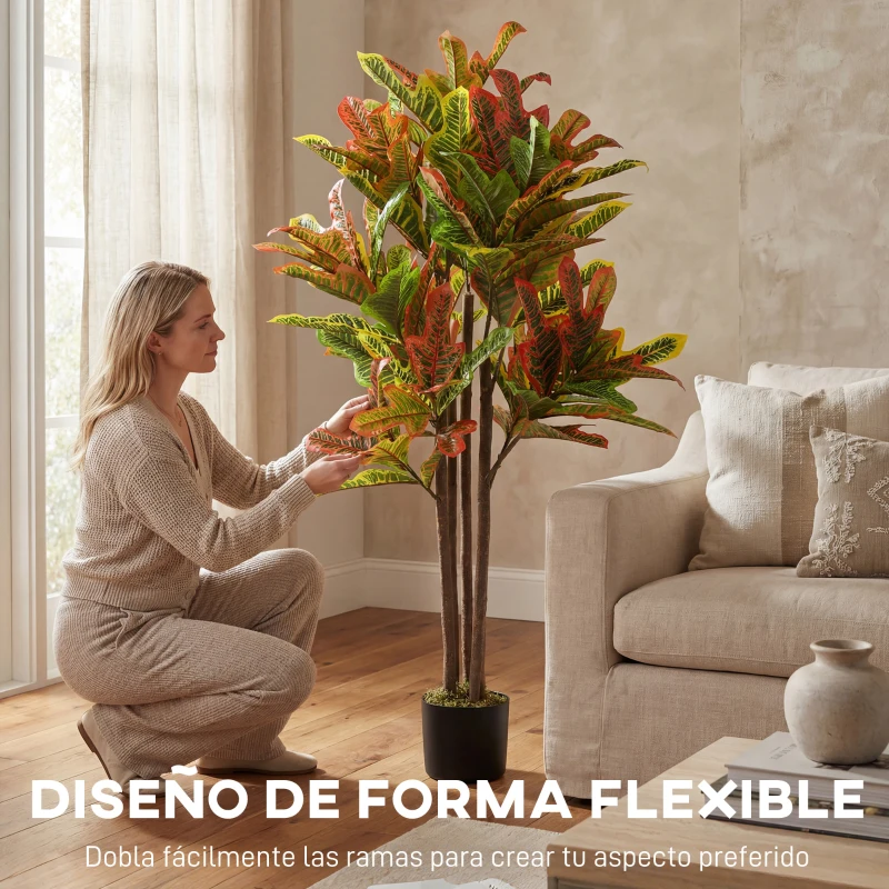 HOMCOM Crotón Artificial 120 cm Planta Artificial Decorativa con Maceta y Hojas para Decoración del Interior Multicolor